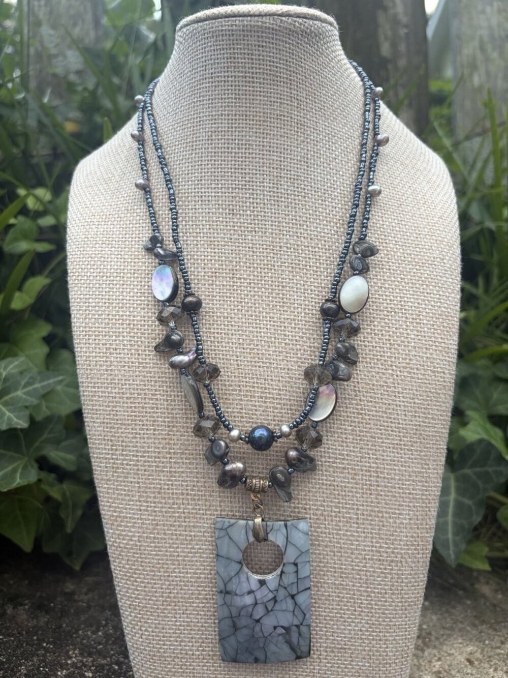 Mother of Pearl Mosaic Pendant Layered Beaded Necklace Pearl Smoky Quartz Boho